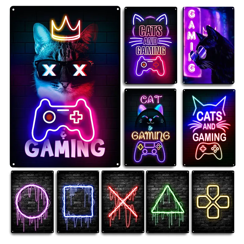 Retro Gaming Cafe - Gaming Cat Metal Sign Savage Gamer
