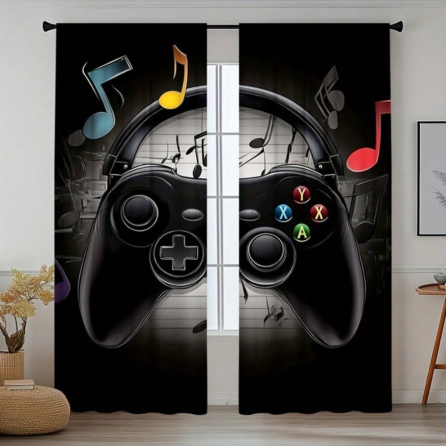 Retro Gaming Cafe - 2pcs Retro Gaming Room Curtains Black